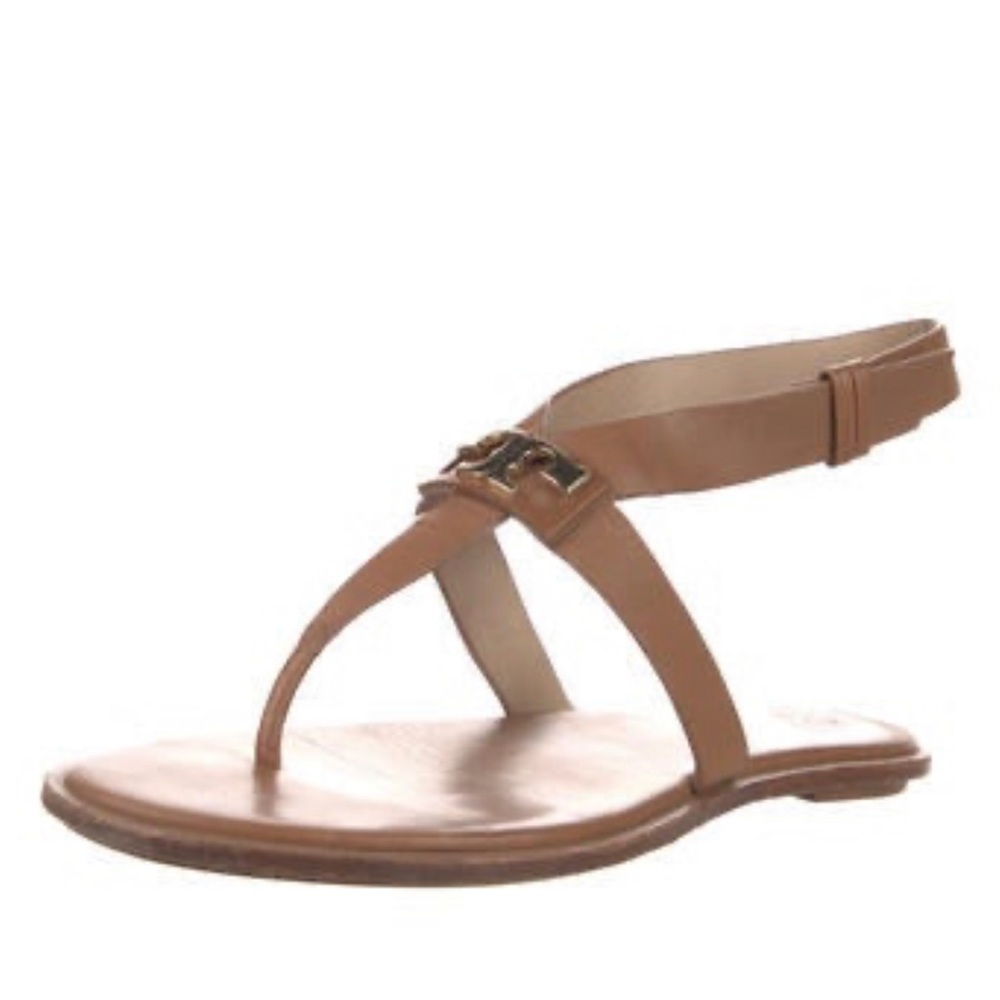 Tory Burch brown leather t-strap sandals with gold emblem US size 9 brand new